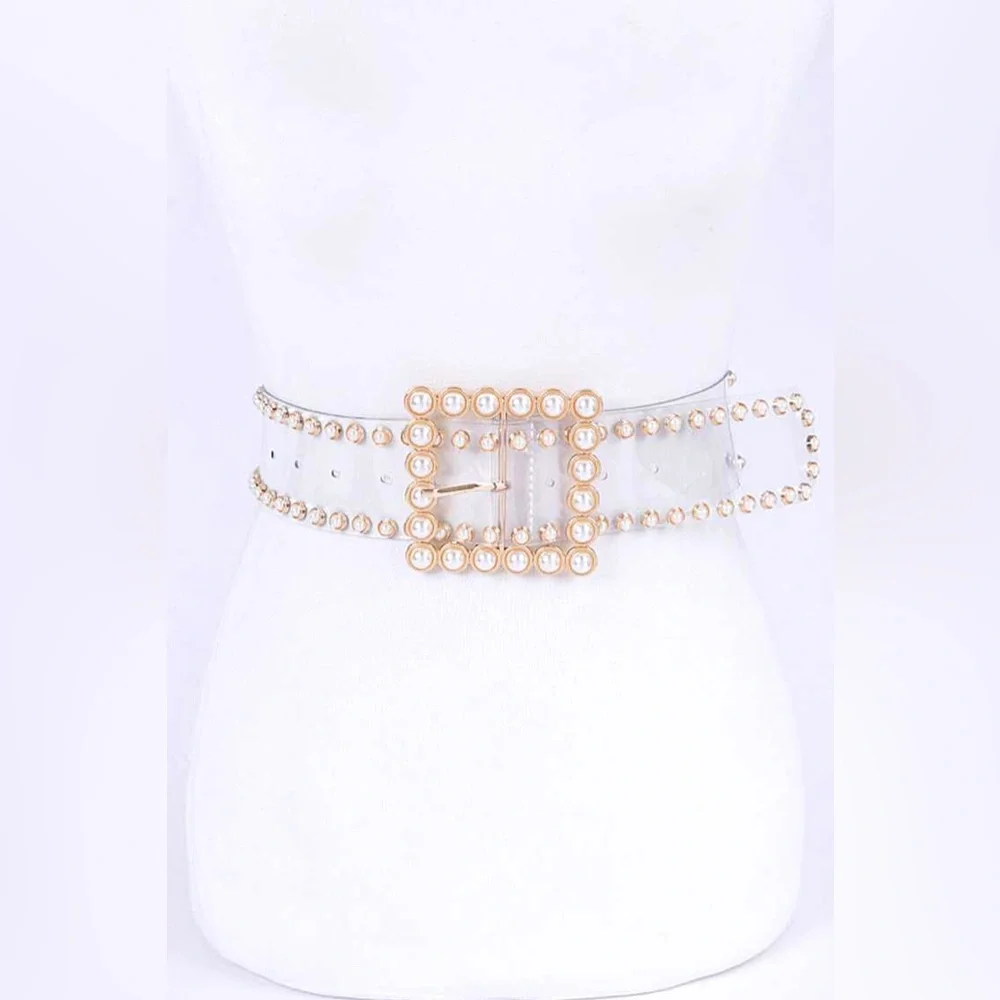 Plus Size Gold Pearl Embellished Clear Statement Belt